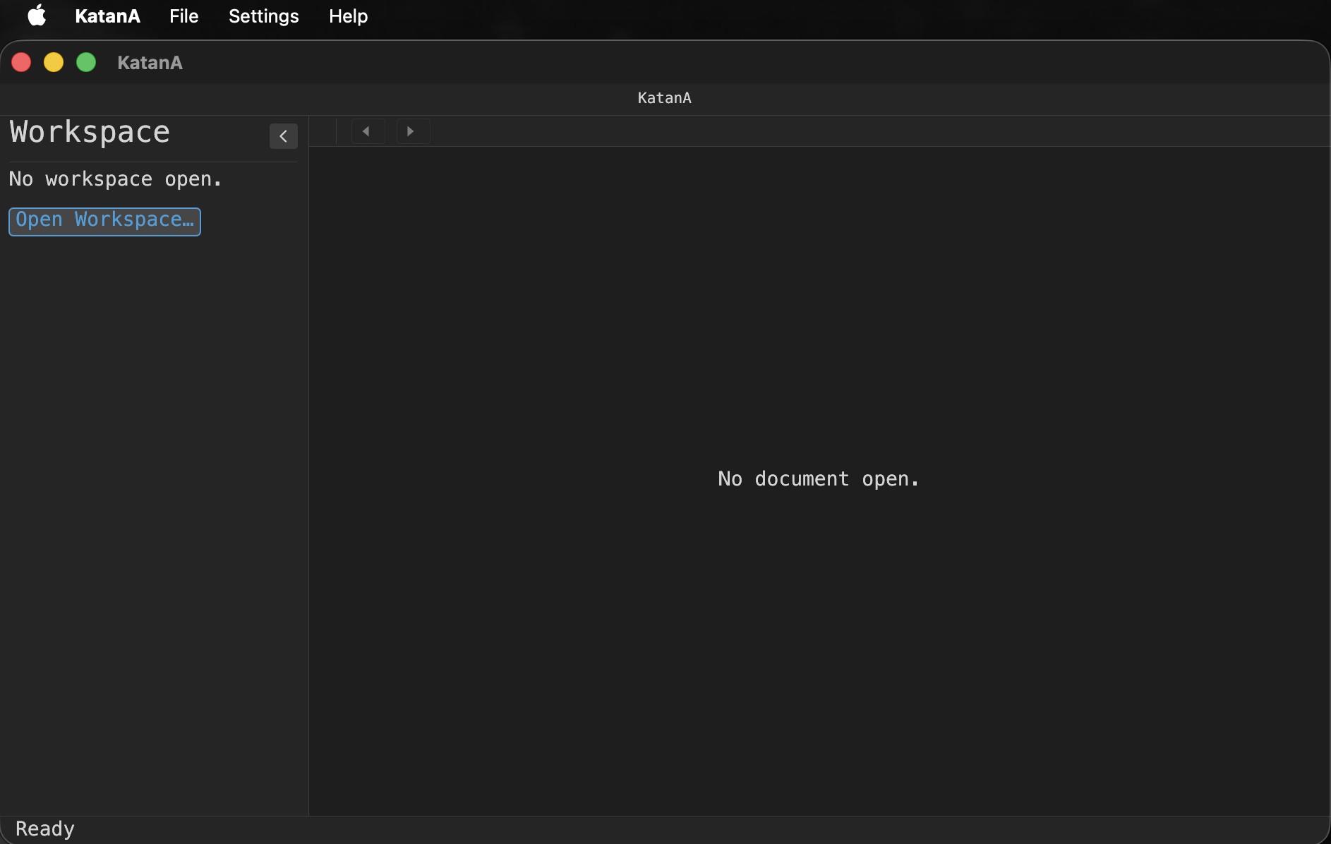 KatanA blank state with Open Workspace button.
