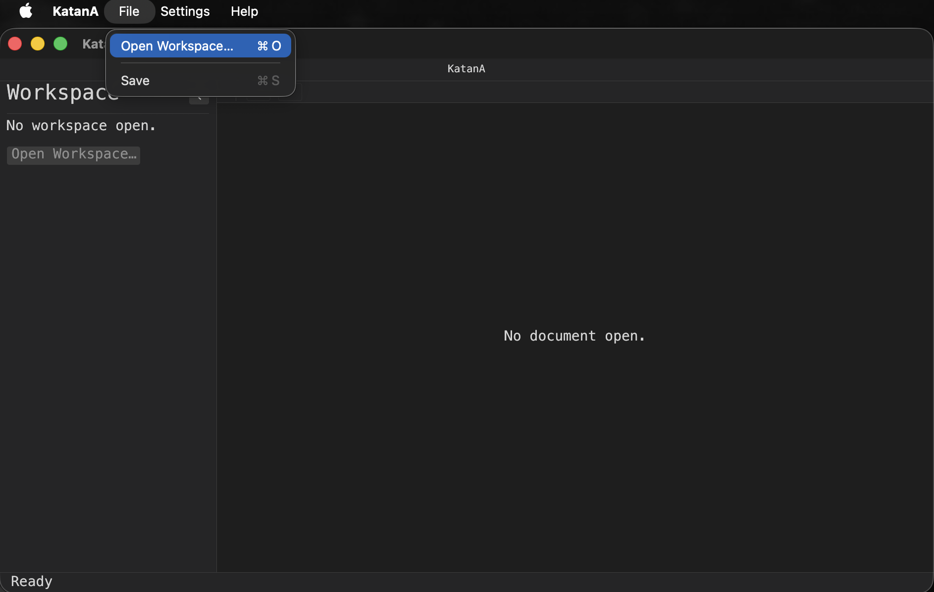 KatanA native menu with Open Workspace visible.