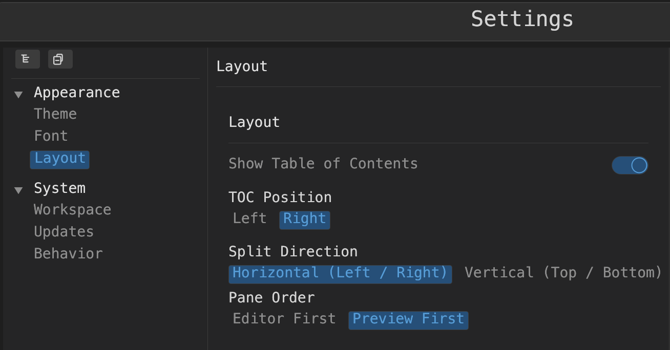 KatanA layout settings showing TOC and split direction options.