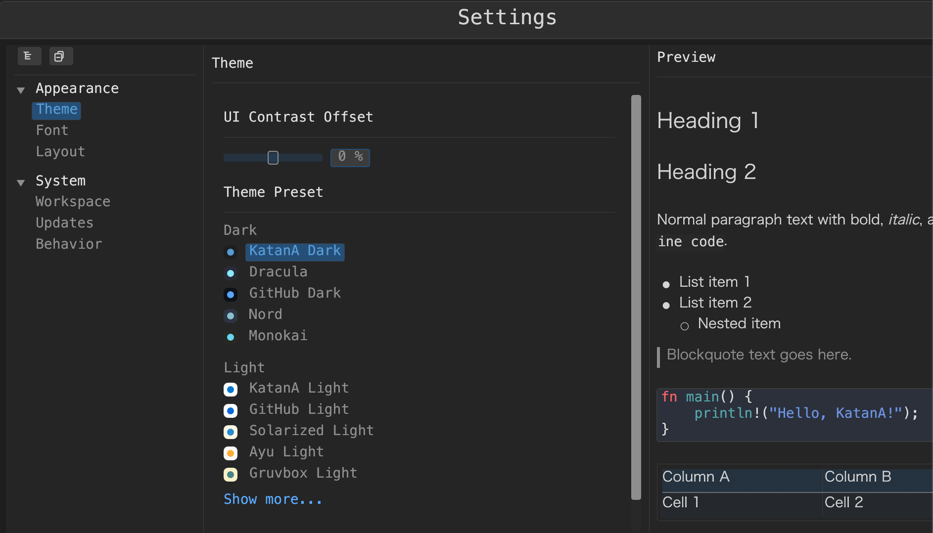 KatanA theme settings with preset options and preview.