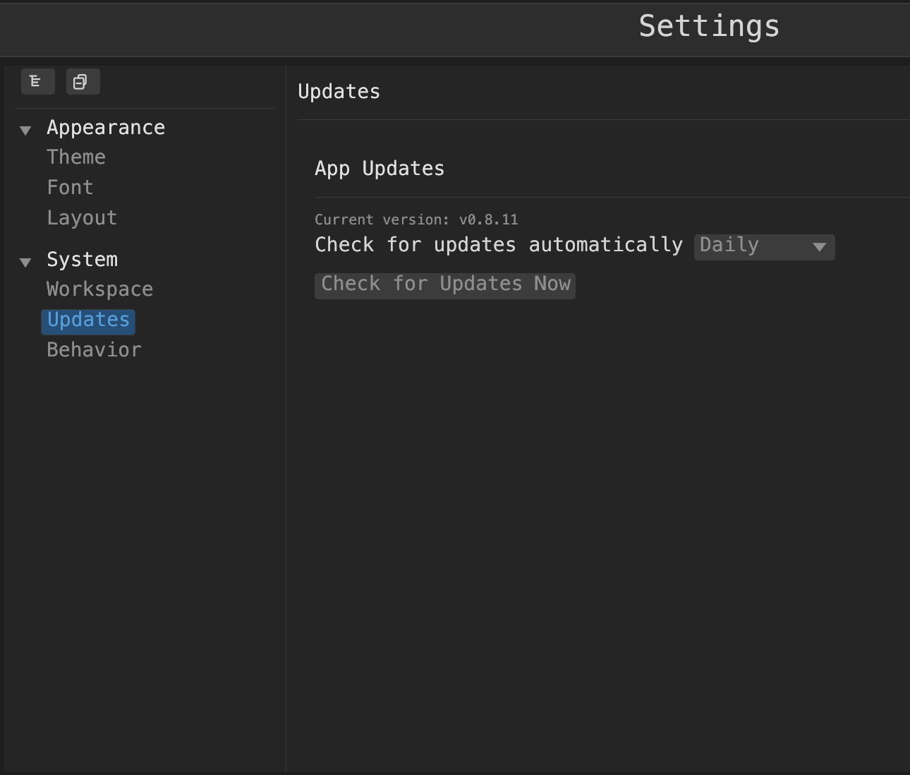 KatanA update settings screen.