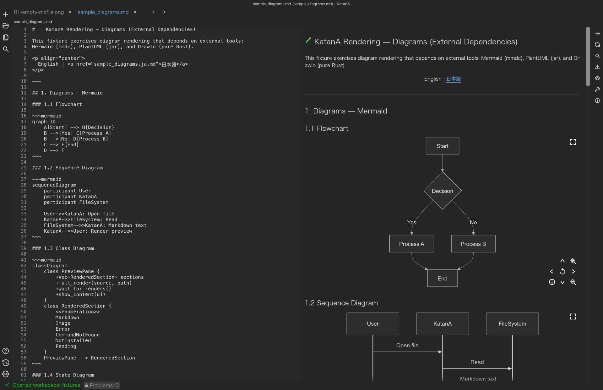 KatanA showing diagram-heavy technical documentation.