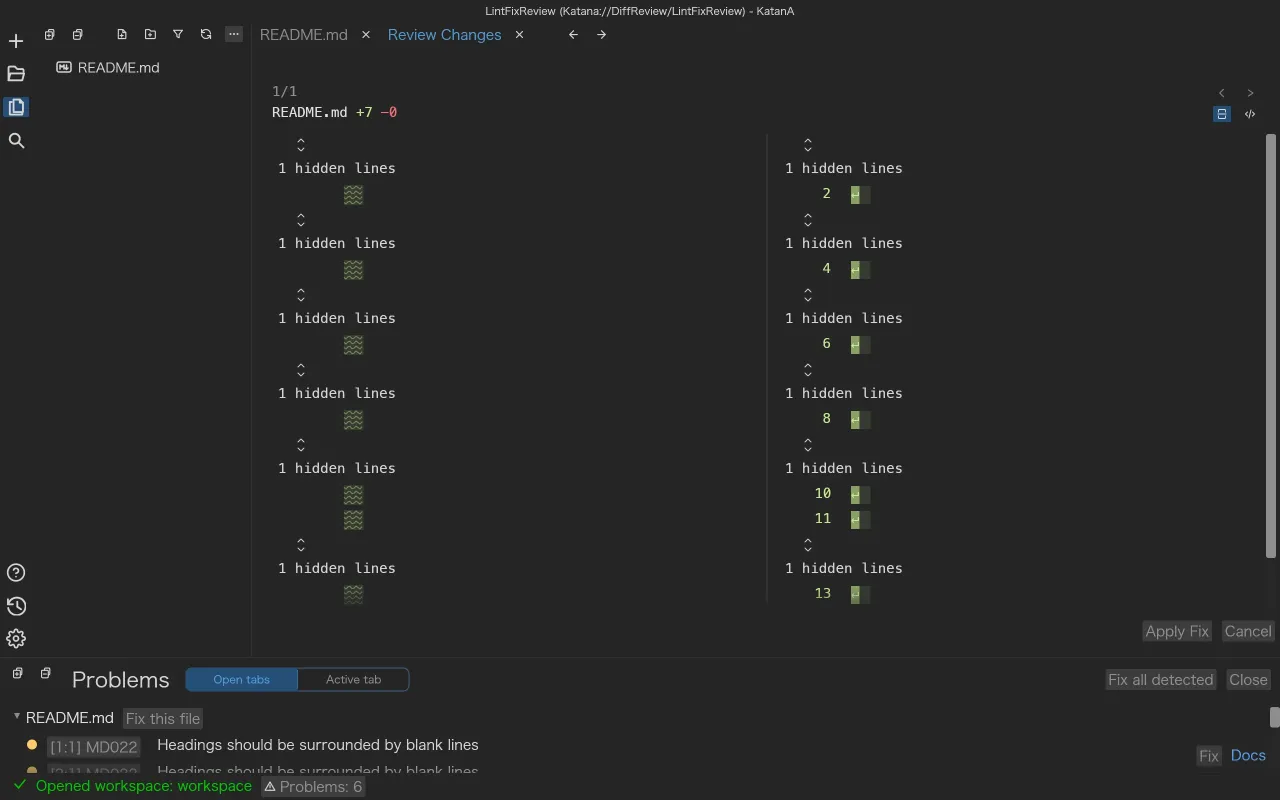 KatanA showing linter fixes in a diff review