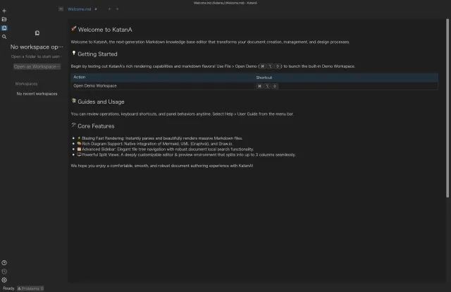 KatanA native menu with Open Workspace visible.