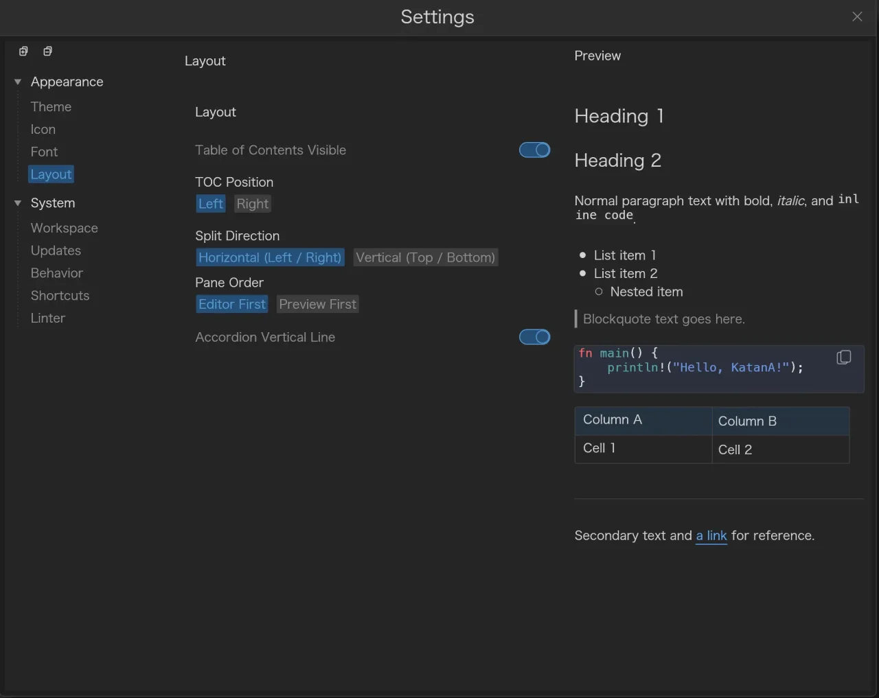Layout settings and preview in KatanA
