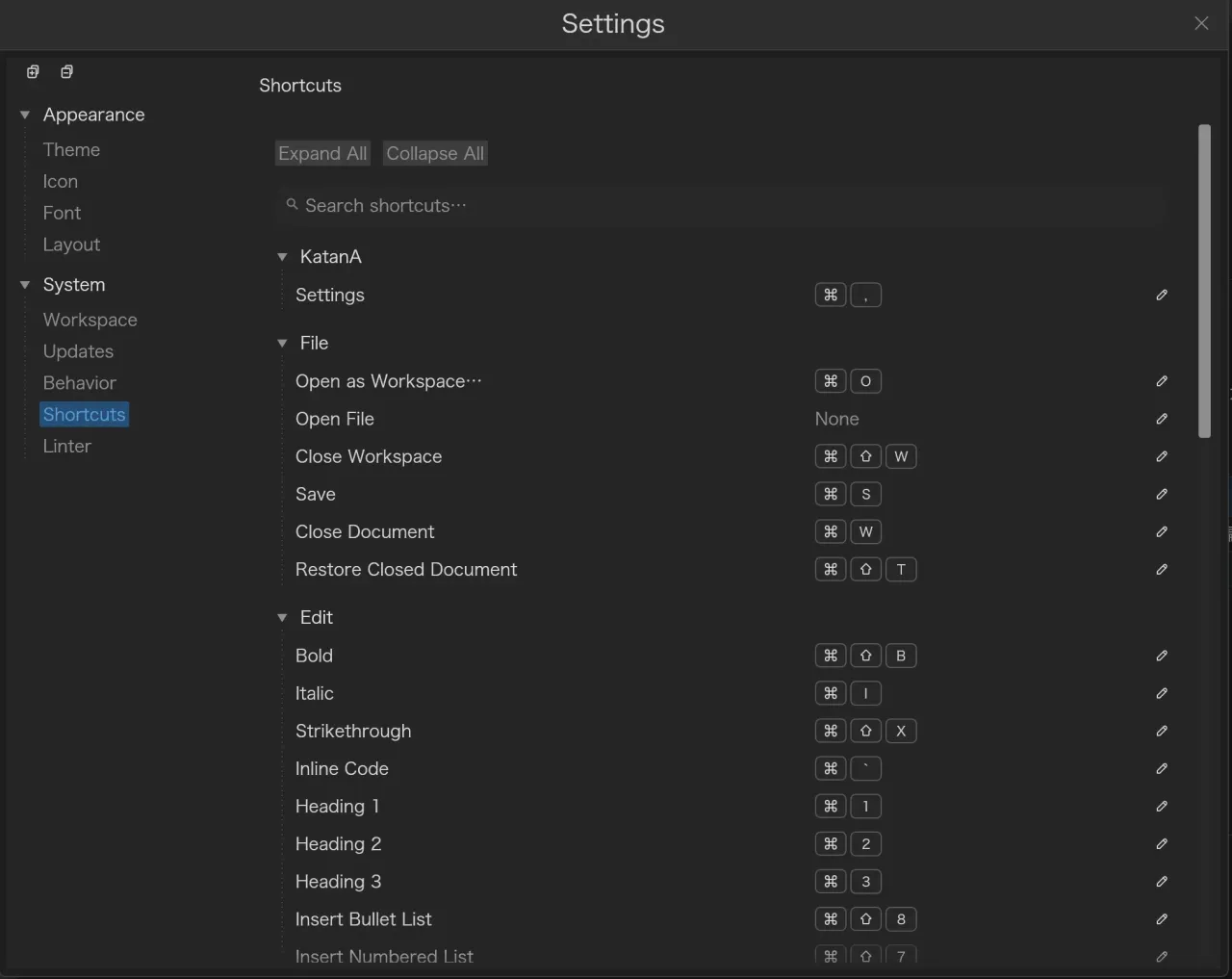 KatanA showing shortcuts settings