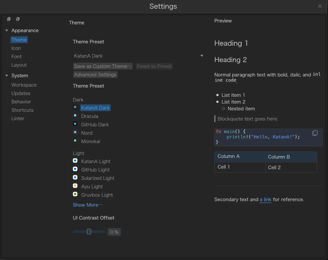 Theme settings in KatanA.