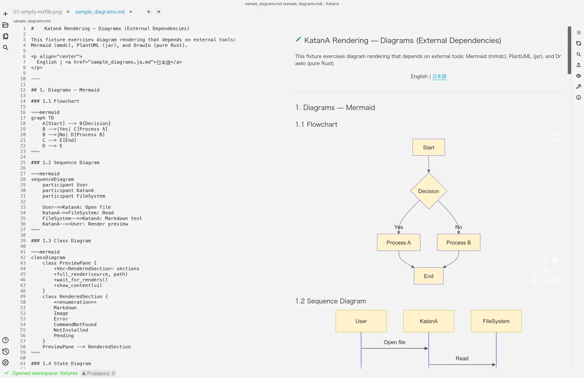 KatanA showing diagram-heavy technical documentation.