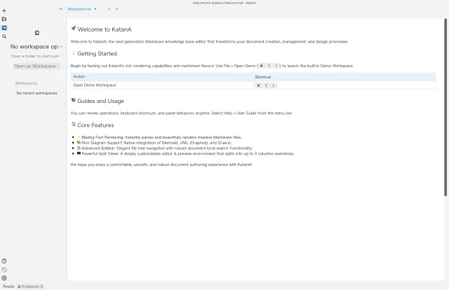 KatanA native menu with Open Workspace visible.
