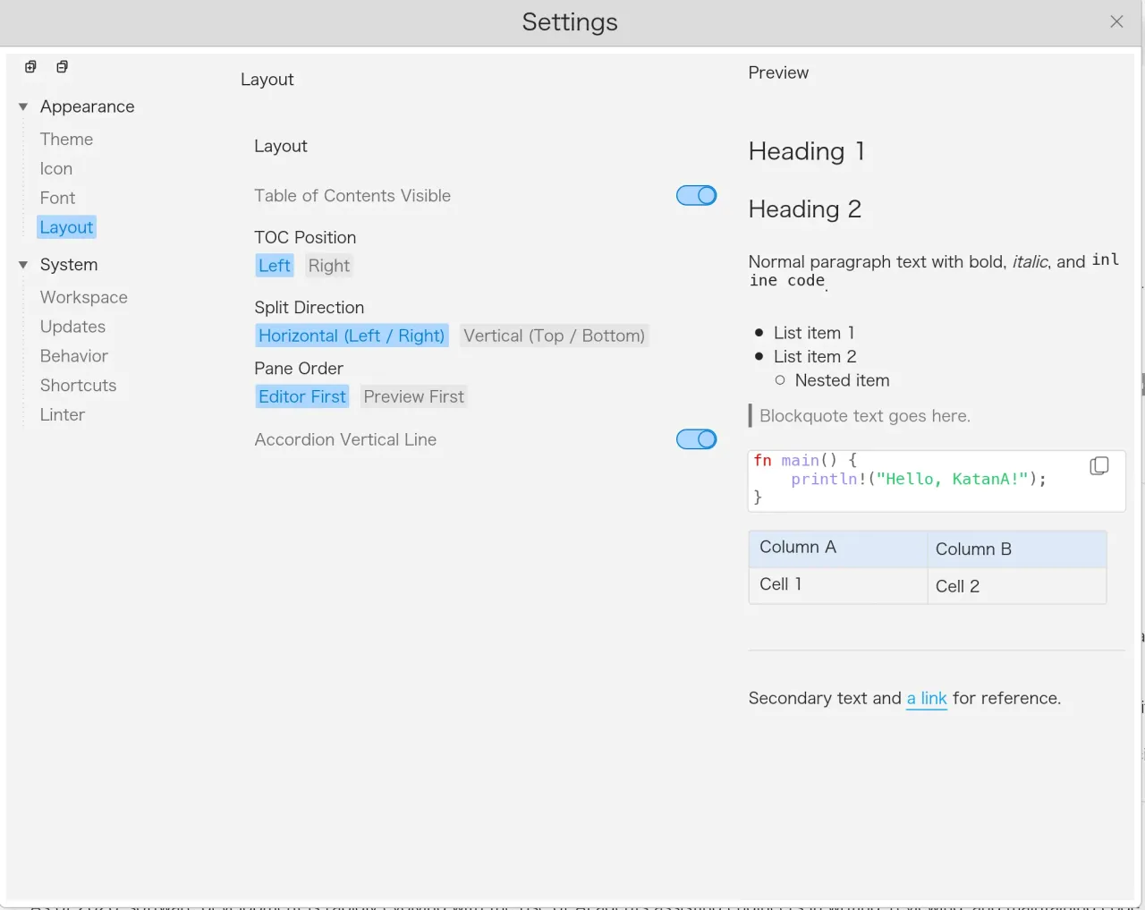 Layout settings and preview in KatanA
