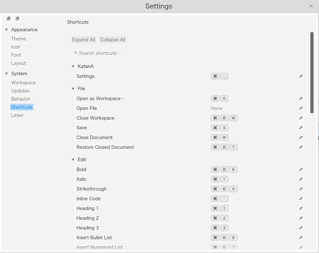 KatanA showing shortcuts settings