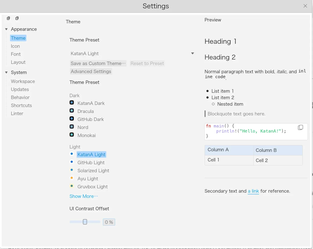 Theme settings in KatanA.