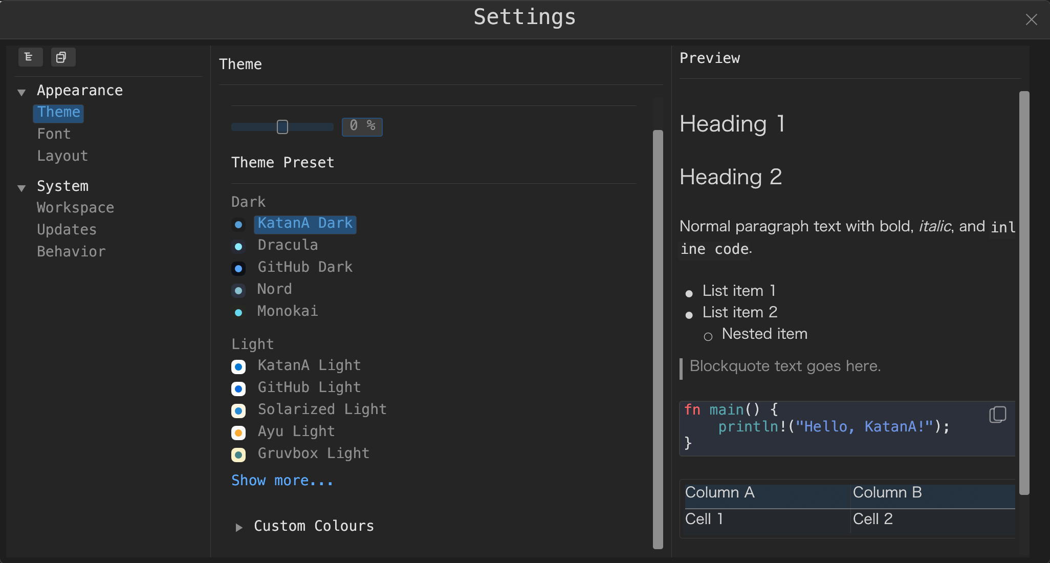 KatanA settings window with theme preset options.