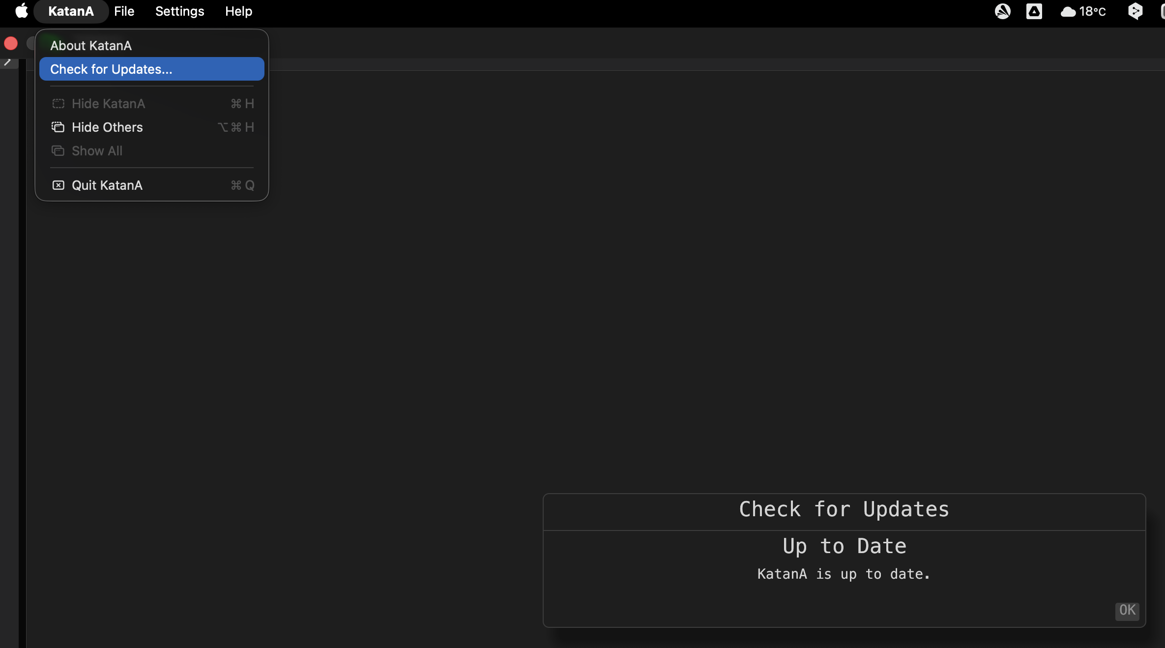 KatanA update check modal showing up-to-date status.