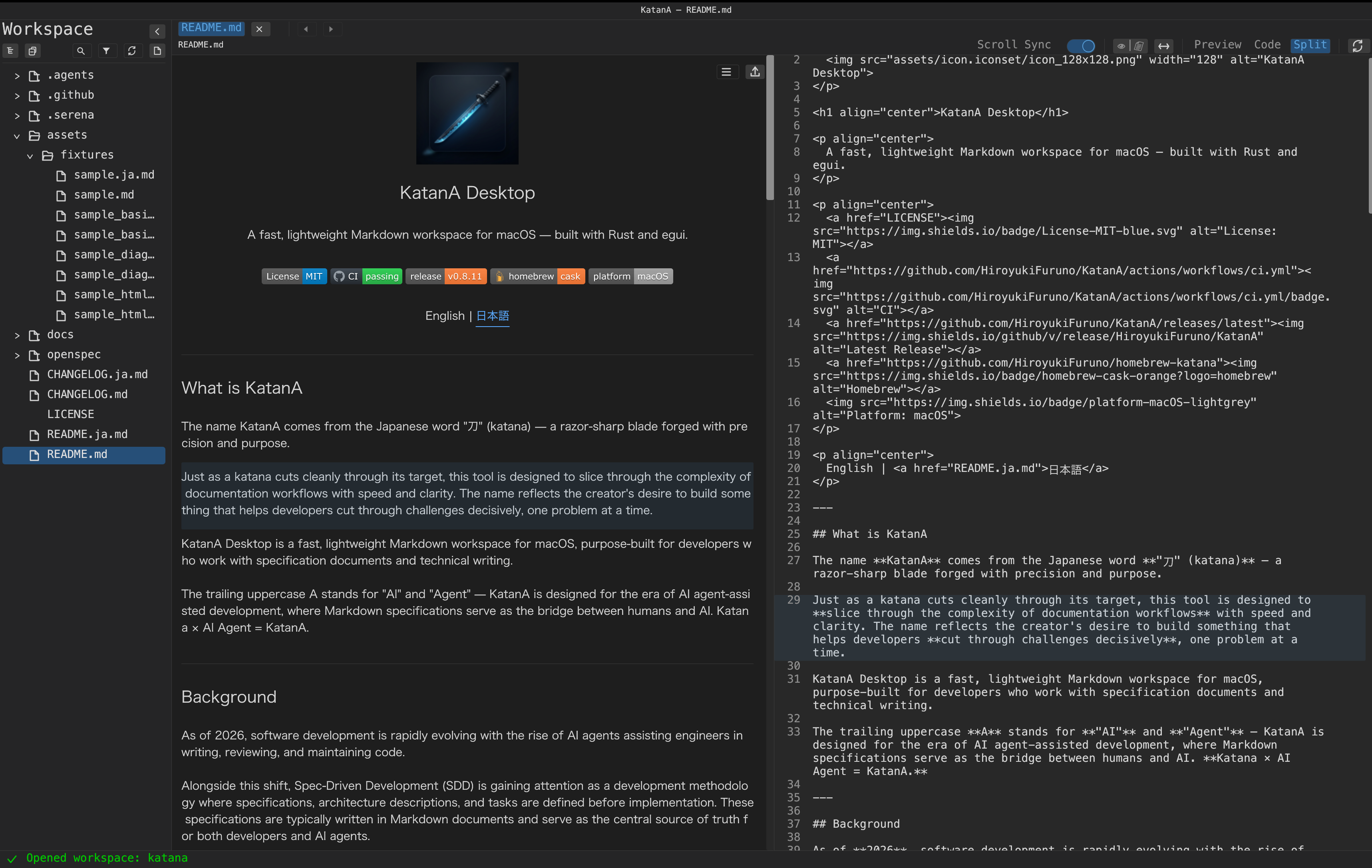 KatanA split view with rendered Markdown and source open.