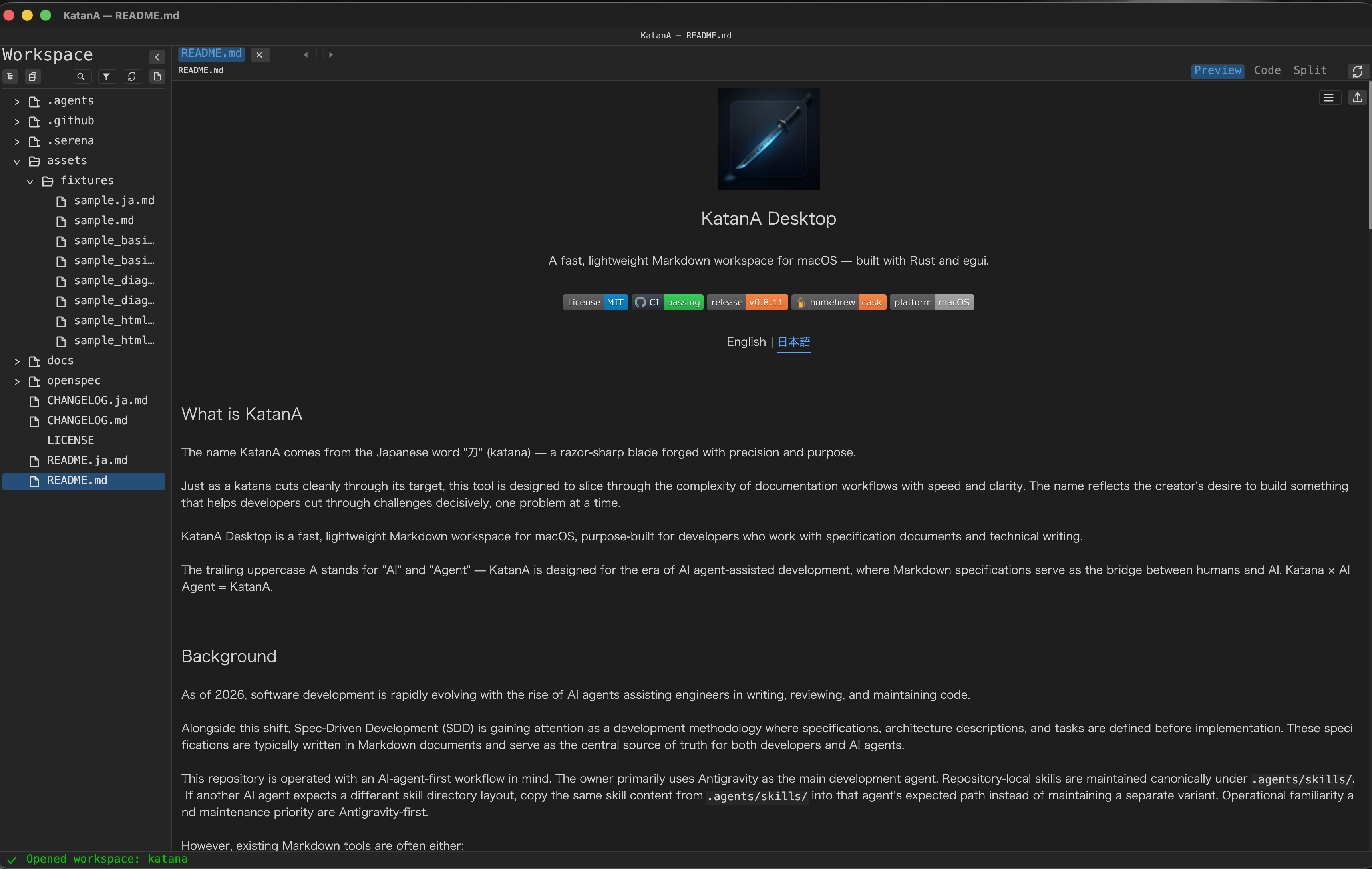 KatanA workspace tree and preview on macOS.